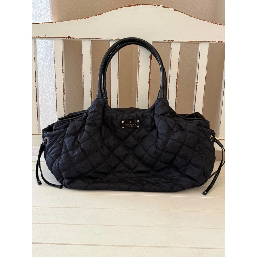 Kate Spade New York Carter Black Quilted Nylon Diaper Bag Tote Gold Hardware